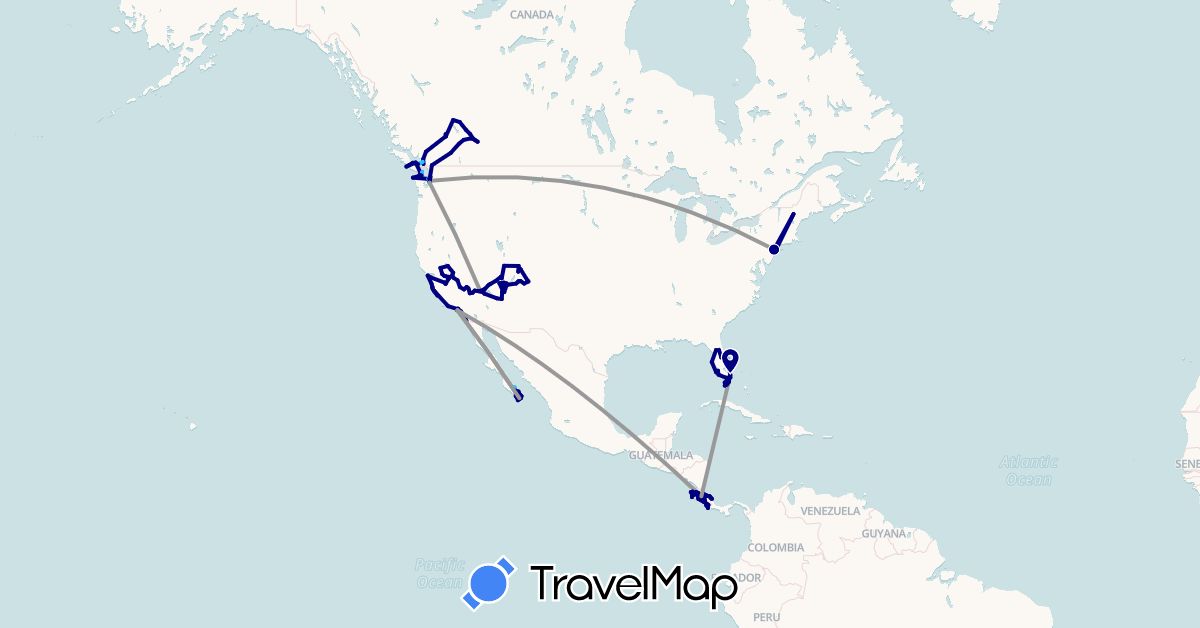 TravelMap itinerary: driving, plane, boat in Canada, Costa Rica, Mexico, United States (North America)